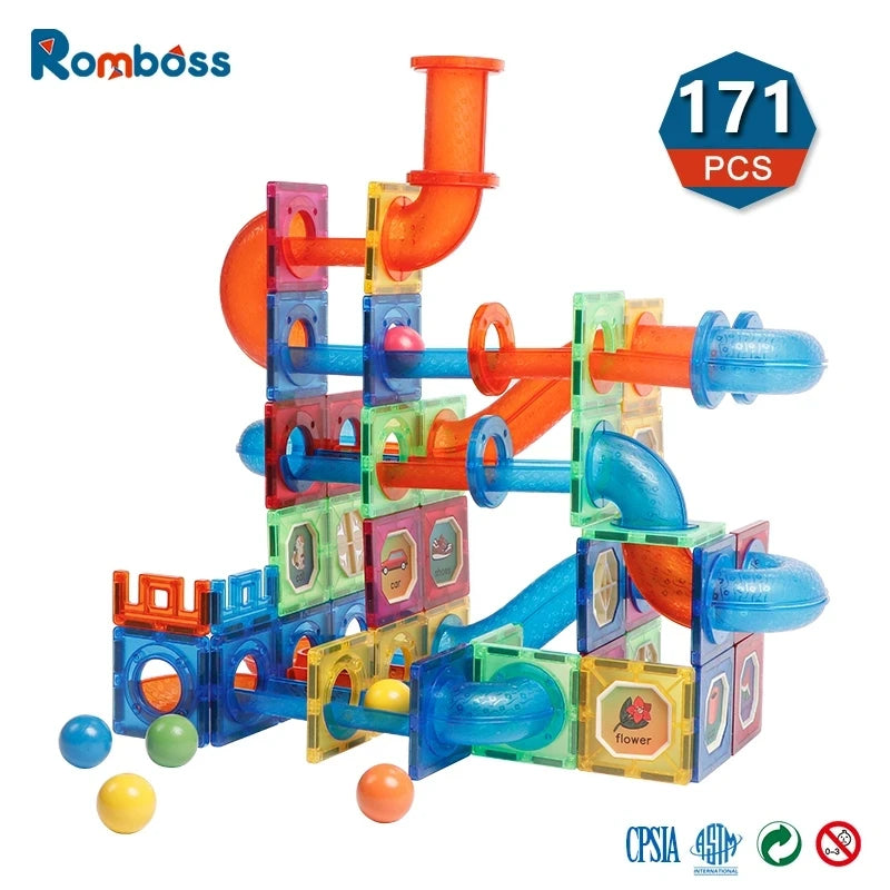 DIY Educational Magnetic Building Blocks Games Toy Romboss 171PCS Marble Run Race Wooden Ball Pipe